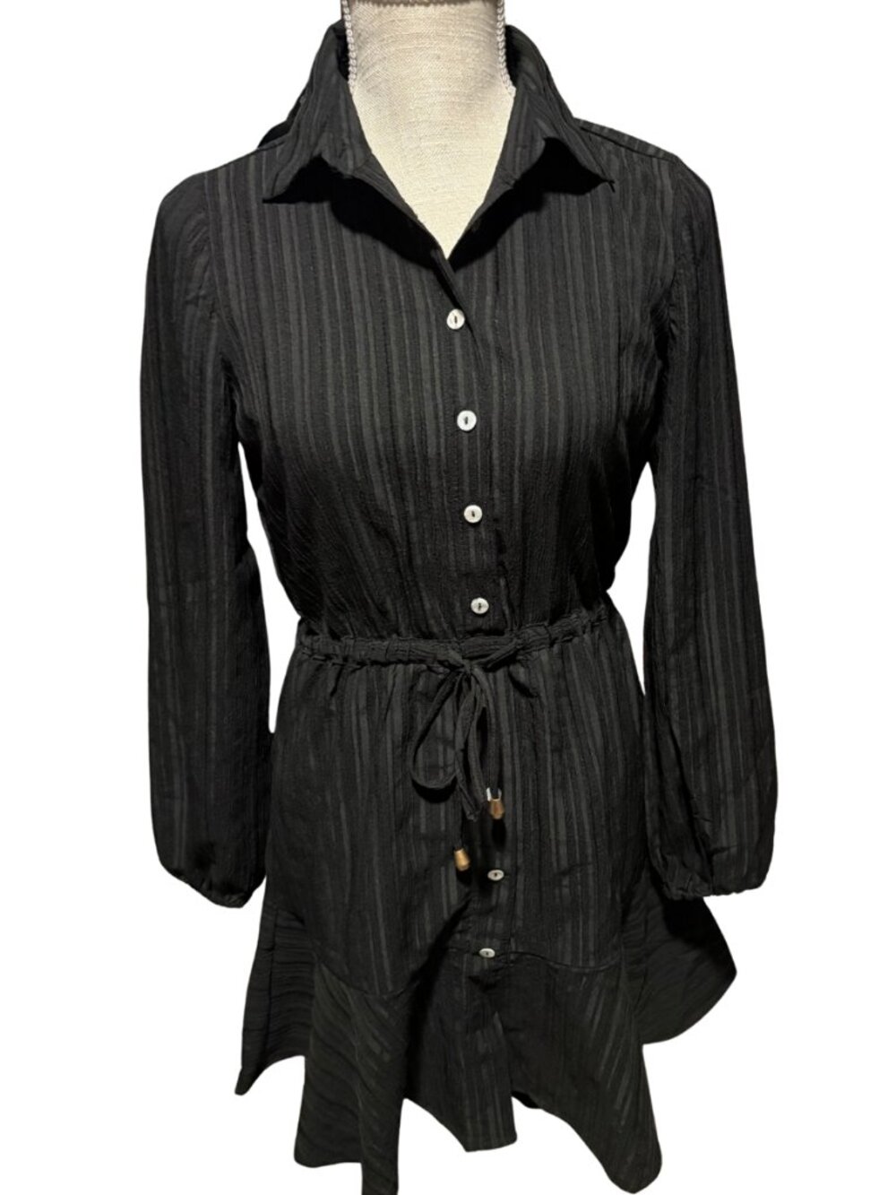 Black coastal Cowgirl Boho Shirt Dress Textured Crinkle Drawstring Mini S